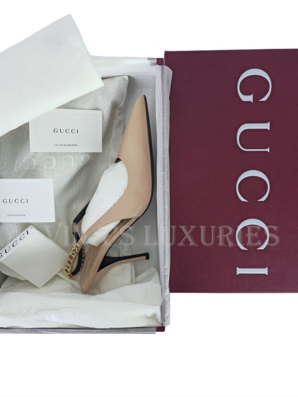 GUCCI SHOES SIGNORIA LEATHER w LOGO CHAIN SLINGBACK PUMPS sz 38.5 8.5 - Picture 16 of 17